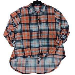 New York Laundry Flannel Top Womens‎ 3X Orange Plaid Roll Up Sleeve Casual